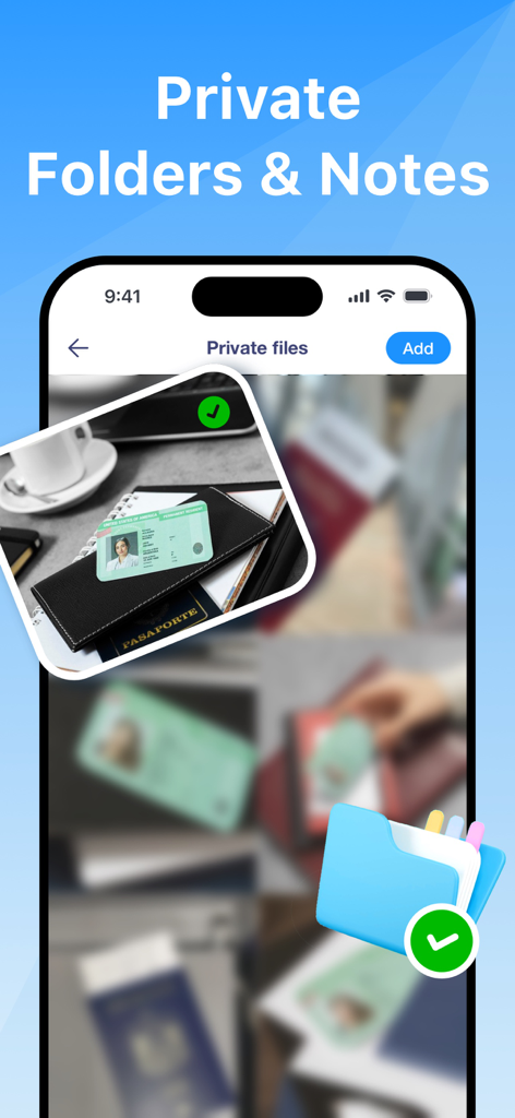 Authenticator Appでの安全なドキュメントストレージのためのプライベートフォルダとノート機能のスクリーンショット。