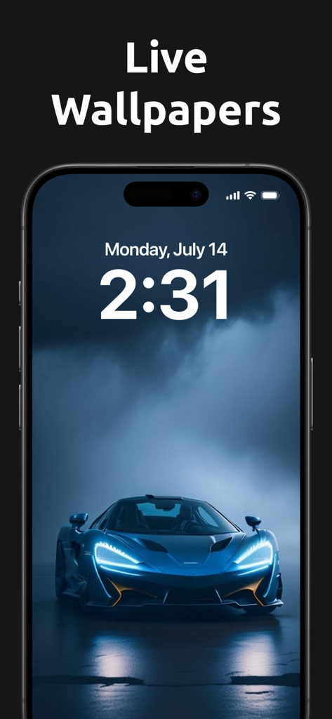 Wallpapers HD, 4K & Live - Pantalla de bloqueo de iPhone mostrando un fondo de pantalla vivo de alta resolución de un elegante coche deportivo azul