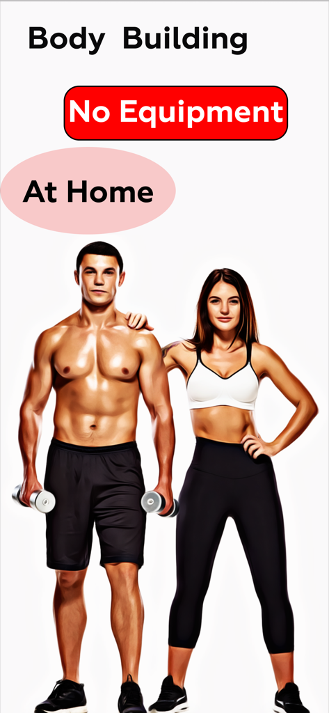 Home Workout - Fit At Home - Un homme et une femme en forme illustrant un programme d'entraînement à domicile pour le développement musculaire sans équipement