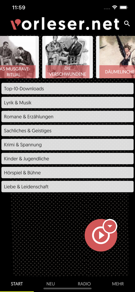 vorleser.net - Home screen of vorleser.net app featuring German literature categories and classic audiobook covers.