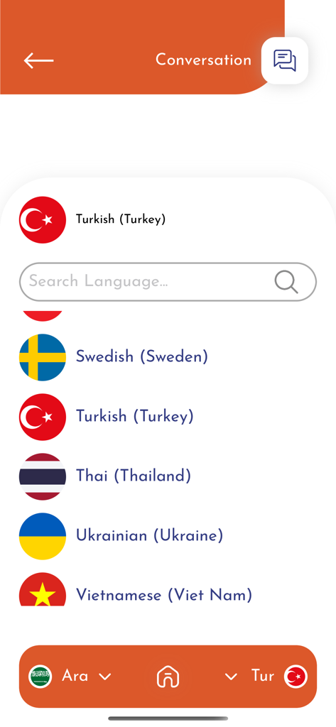 translator | مترجم اللغات - Oberfläche zur Sprachauswahl, die eine Liste von Ländern und Flaggen für die Konversationsübersetzung anzeigt.