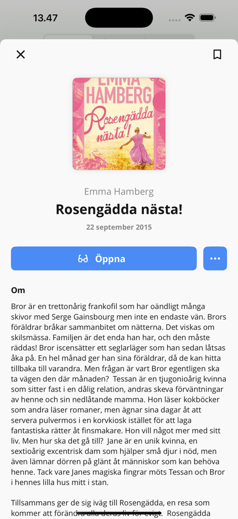 Bokon - Bokon Mobile App-Oberfläche mit Details und Beschreibung eines schwedischen Buches