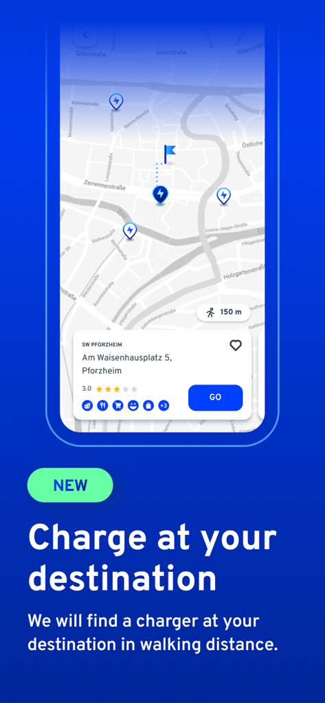ElectricRoutes - ElectricRoutes app interface showing EV charging stations near a destination on a map