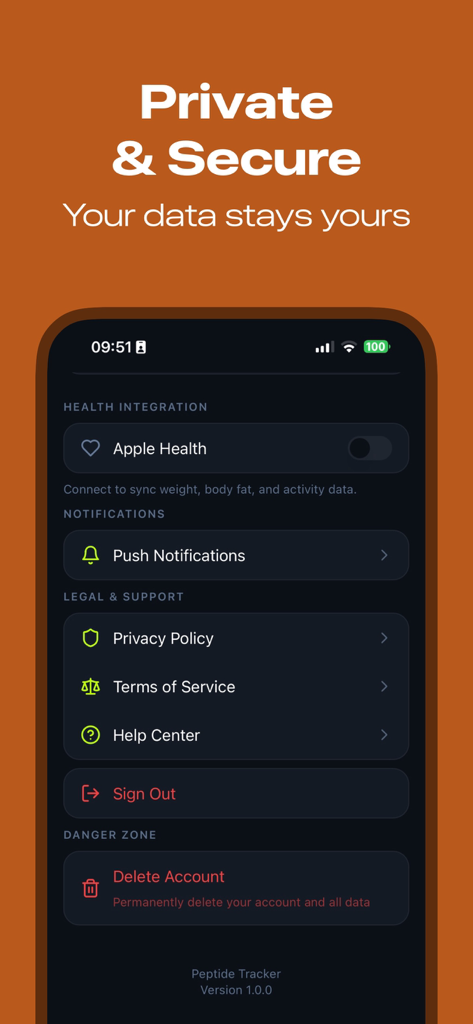 Peptide-Tracker - Peptide Tracker app settings screen highlighting privacy and security features.