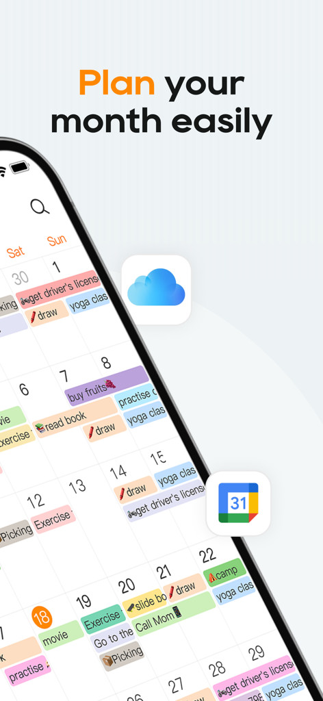 TimePlanner : Tasks & Habits - Schermata di uno smartphone che mostra una vista del calendario mensile con attività codificate a colori e promemoria di abitudini.