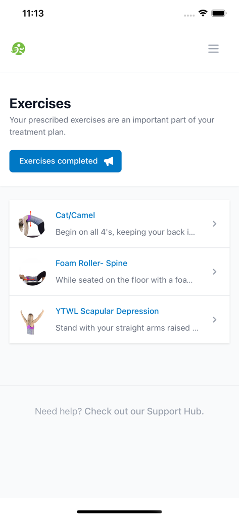 HealthCom app screen showing a list of prescribed physical therapy exercises with a button to mark them as completed