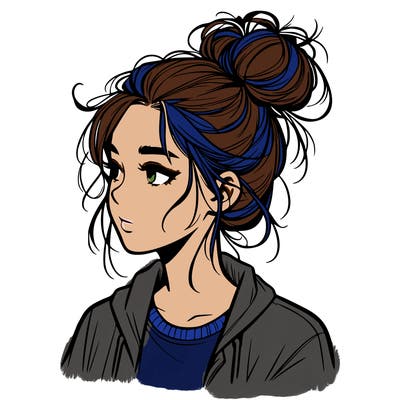 realistic teenage girl with a messy bun