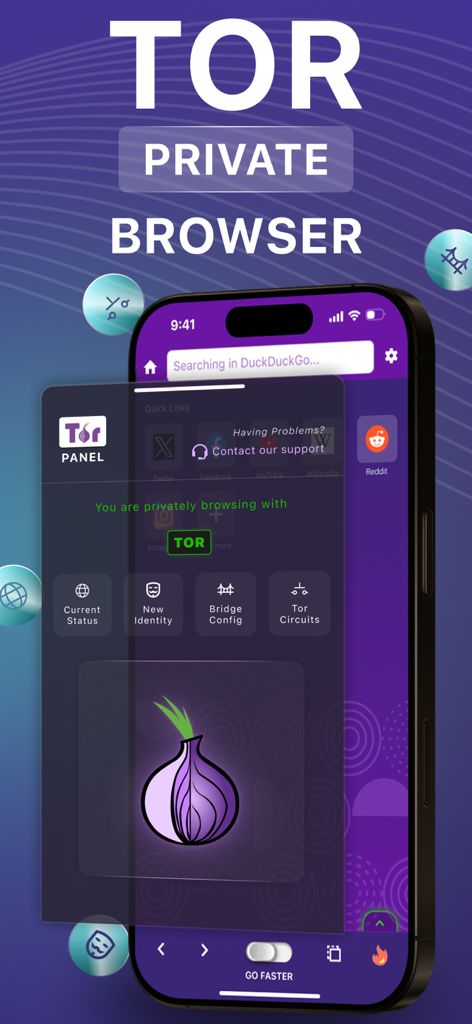 iPhone mostrando a interface do aplicativo Tor Private Browser com painel de privacidade e ícone de cebola