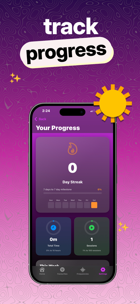 HZ Frequency Generator App - HZ Frequency Generator app dashboard showing day streaks and session progress
