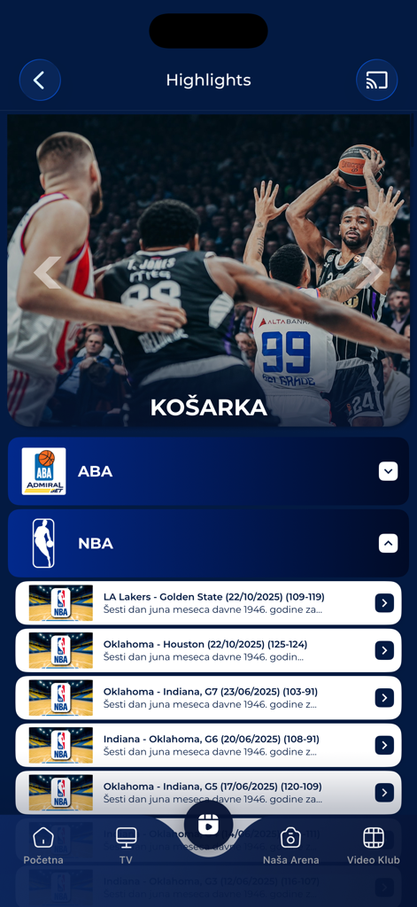Oberfläche der mobilen Arena Cloud App, die Basketball-Highlights und NBA-Spiel-Listings zeigt