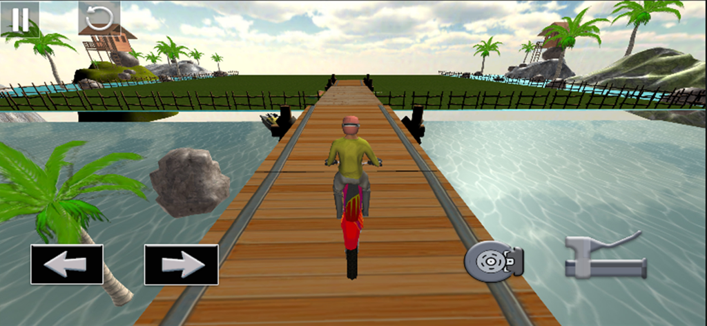 Stunt Bike Parking Game 3d - A 3D motorcycle rider crossing a narrow wooden bridge over water in a tropical environment