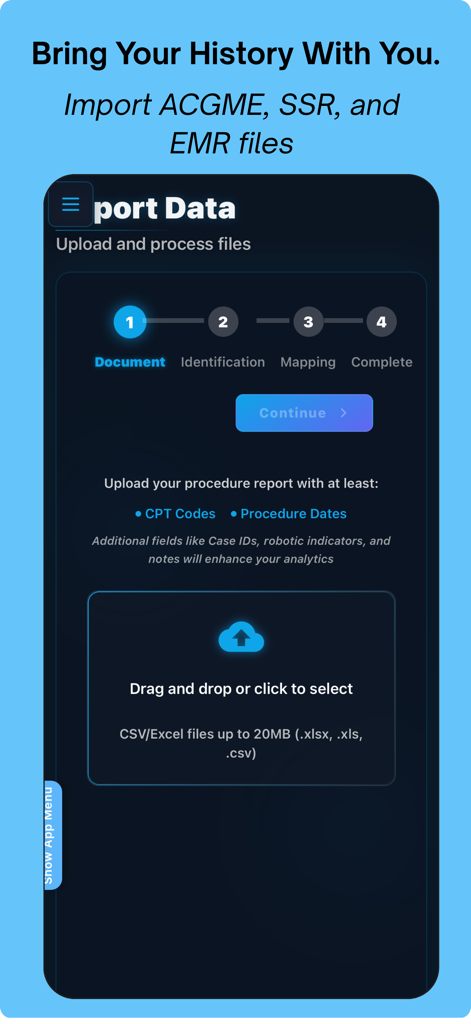 UNIRA - UNIRA app interface showing the four-step process for surgeons to import ACGME and EMR surgical case log data.
