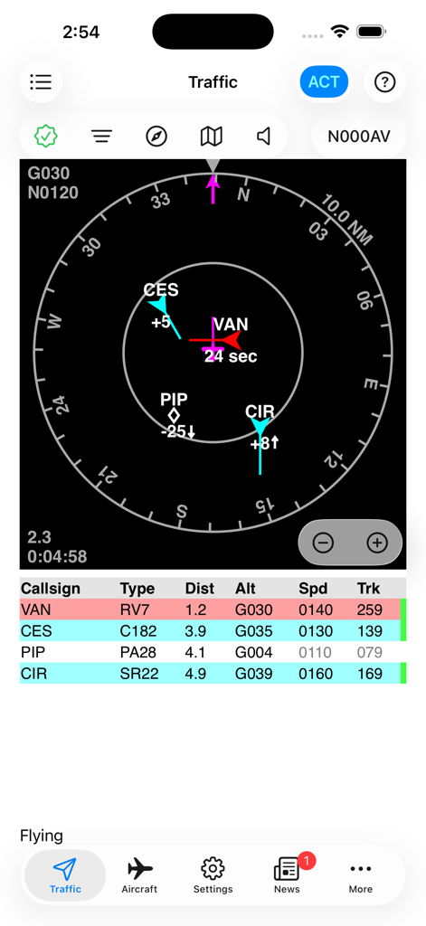 AvTraffic app interface showing a radar view of nearby aircraft with callsigns and flight data