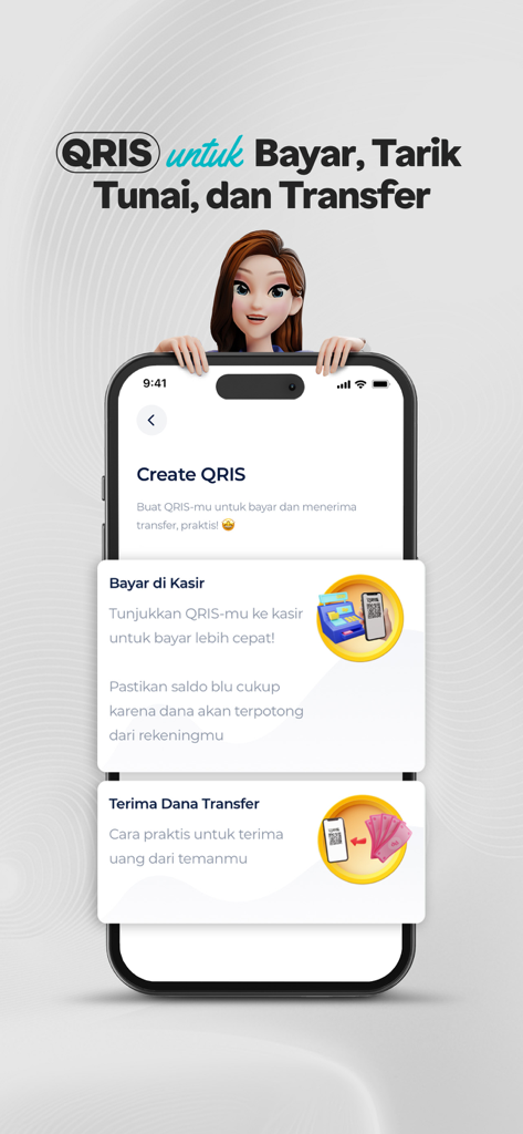 blu by BCA Digital - Ein Smartphone-Bildschirm zeigt die Benutzeroberfläche der blu by BCA Digital App für QRIS-Zahlungen und Geldüberweisungen