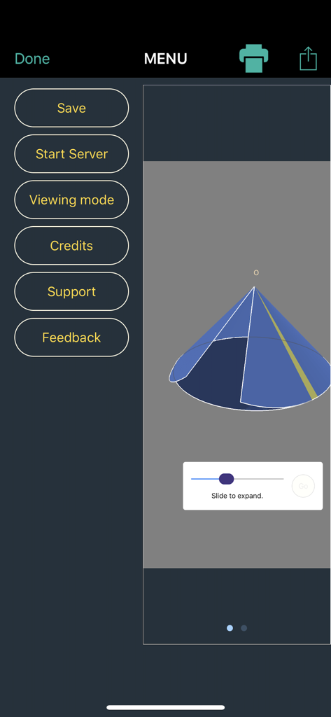 Main menu of Mathematical Playground showing an interactive 3D cone expansion and tool options