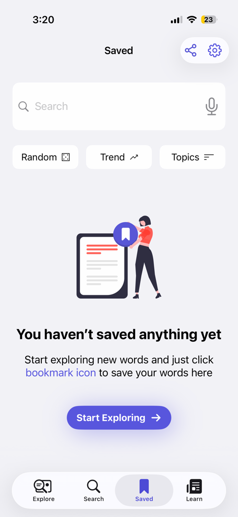 English Dictionary Offline - The empty state screen of the saved words section in the English Dictionary Offline app featuring a Start Exploring button.