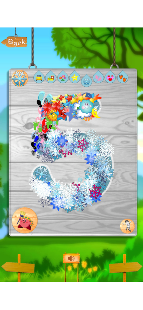 Educational game screen for kids showing the number five being traced with colorful snowflake and star patterns.