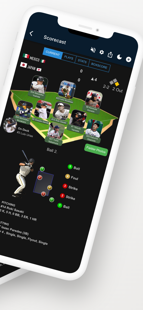 Live baseball scorecast in iScore Central showing player positions and pitch tracking.