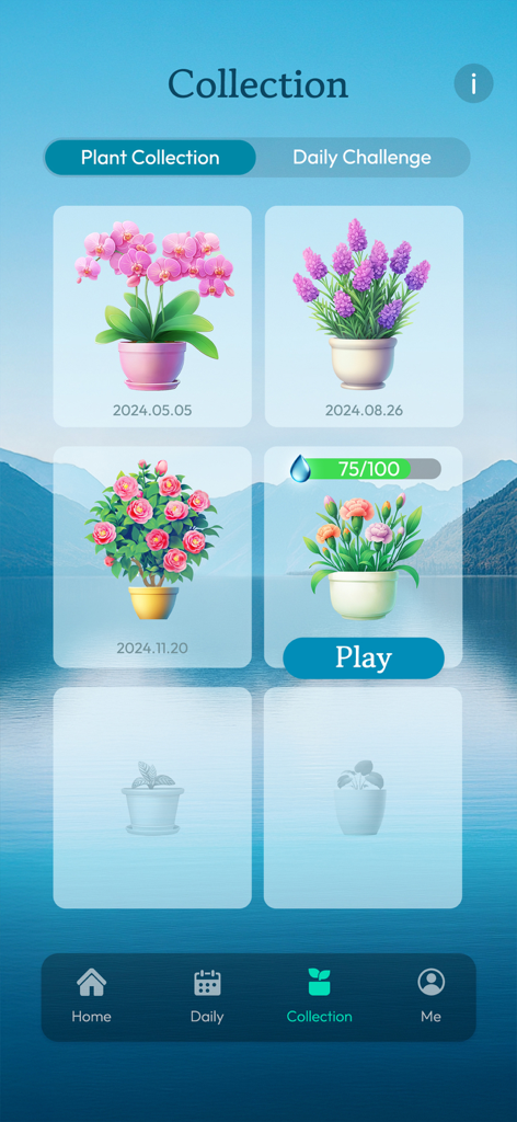 A plant collection screen in the Arcadia Zen Math app featuring various potted flowers earned by completing math puzzles.