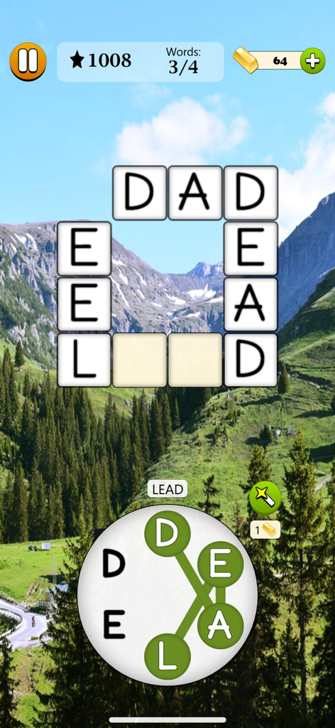 Word Tangle - Word Game - A screenshot of Word Tangle gameplay showing a crossword puzzle grid and a letter wheel over a scenic mountain background