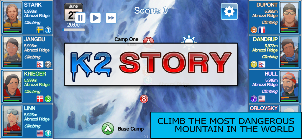 K2 Story - K2 Story game screen showing climber profiles altitude stats and mountain map interface