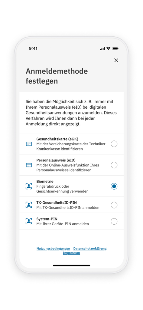 TK-Ident app screen for selecting a login method showing options for health card, ID card, biometrics, and PIN