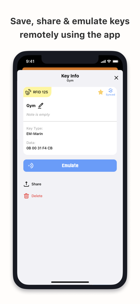 Flipper Mobile App showing RFID key details and an emulate button for a gym access card