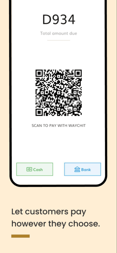 Waychit POS - Payment screen of the Waychit POS app showing a QR code and multiple payment options