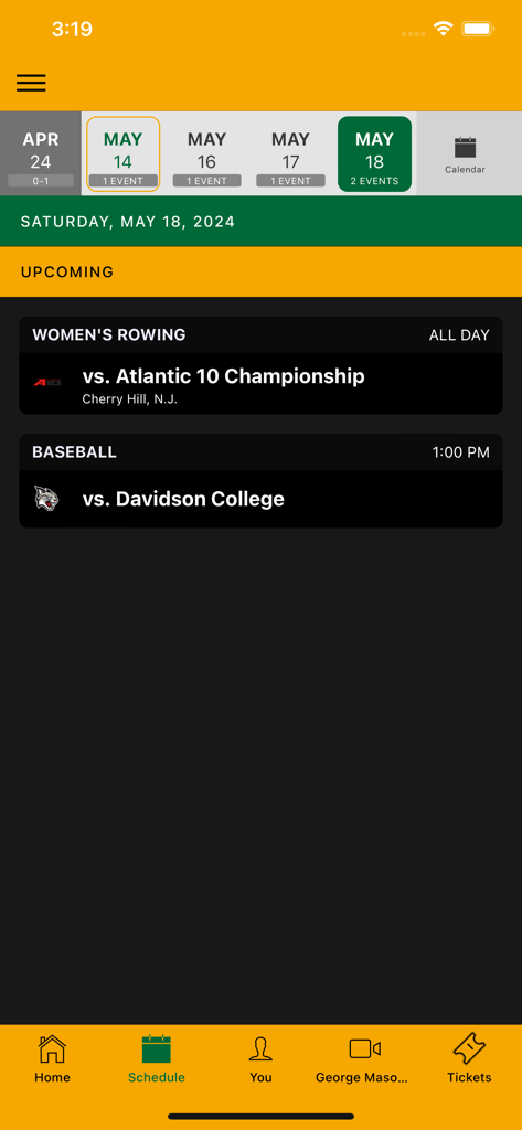 George Mason Patriots app schedule screen showing upcoming womens rowing and baseball events