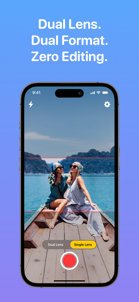 2Shot: Dual Shot Recorder - Camera interface of 2Shot app featuring dual format crop guides and a scene of two women on a boat.