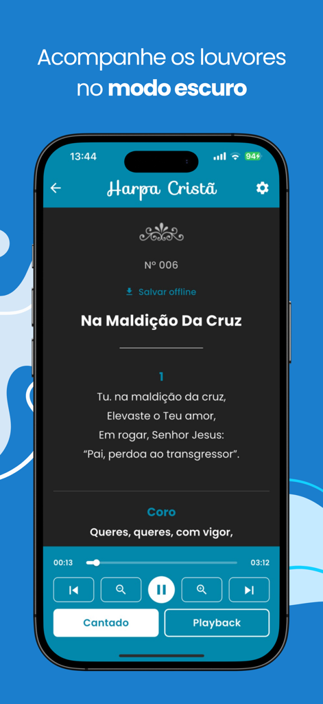 Harpa Cristã: Áudio e Playback - Tela do aplicativo Harpa Cristã mostrando a letra de um hino no modo escuro com controles de reprodução de áudio.