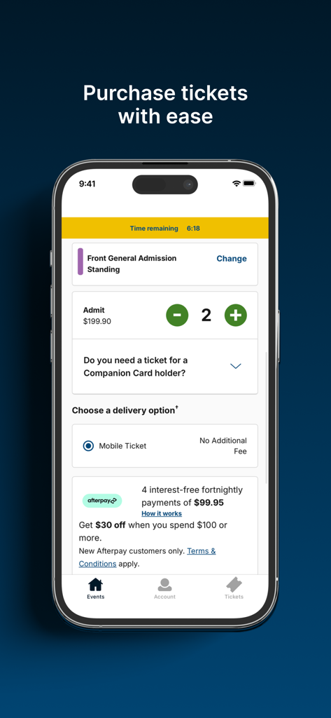 Ticketek AU app checkout screen showing ticket selection and delivery options
