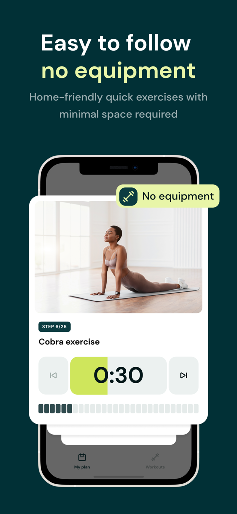 My Personal Challenge app displaying a 30-second cobra pose yoga exercise for home workouts with no equipment