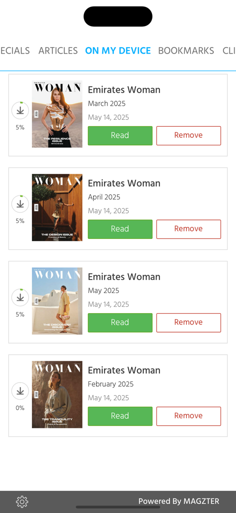 Emirates Woman - Interface showing downloaded issues of Emirates Woman magazine with options to read or remove.