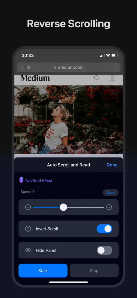 Auto Scroll and Read - Interface of Auto Scroll and Read app showing the reverse scrolling feature on an iPhone