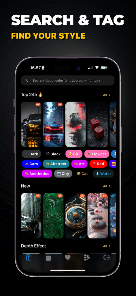 Search and tag interface of the Cone AI Wallpapers app showing 6K image categories and trending styles