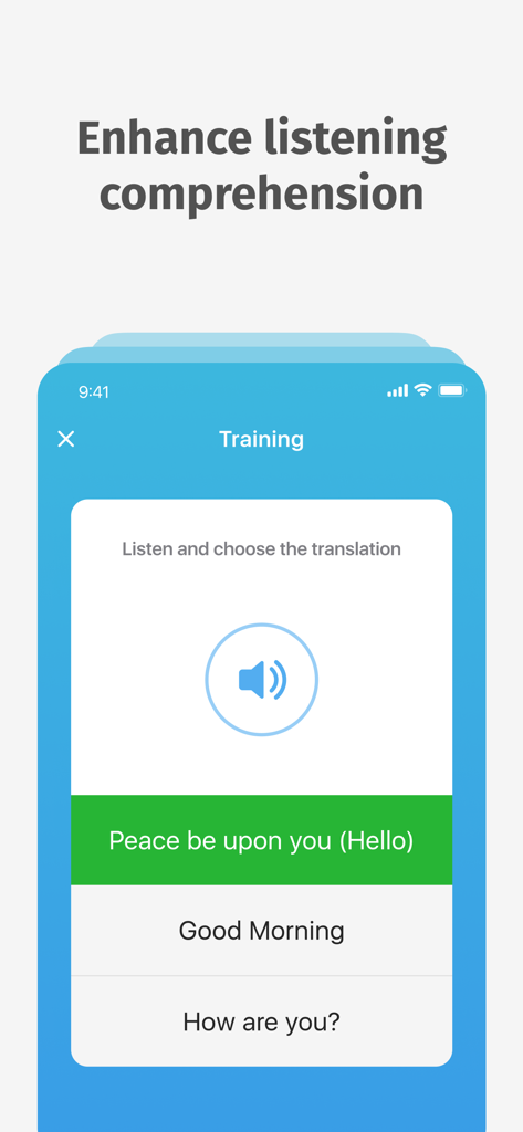 Bildschirm für das Hörverständnistraining der Bright Arabic App mit Multiple-Choice-Übersetzungen