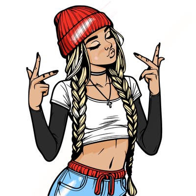 realistic teenage girl with braids and a beanie and crop top doing 🫶🏼