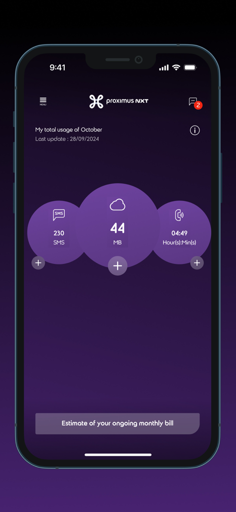 My Proximus NXT - My Proximus NXT mobile app dashboard showing real-time data, SMS, and call usage tracking for professionals.