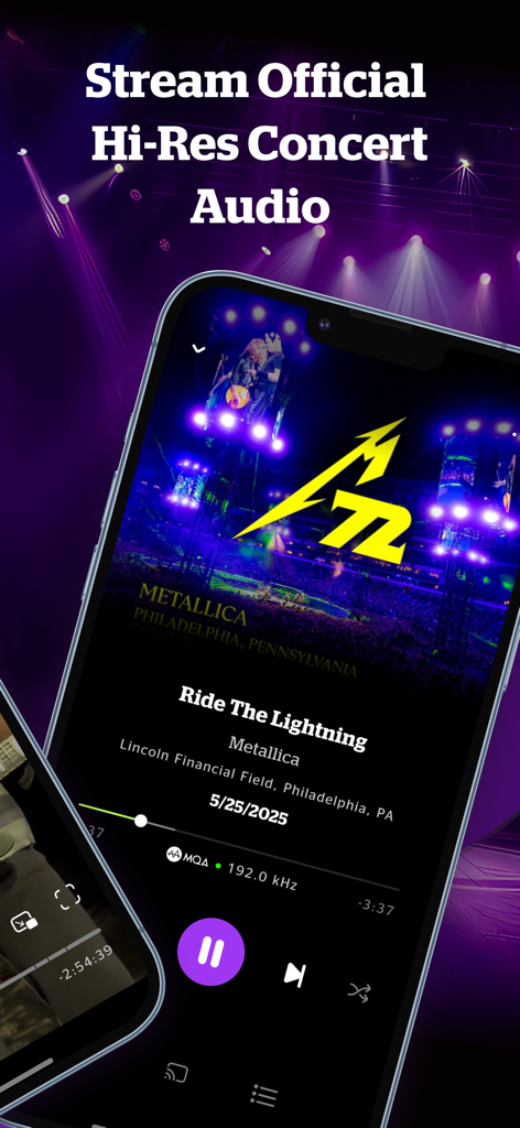Nugs app interface displaying a live Metallica concert recording with hi-res audio settings