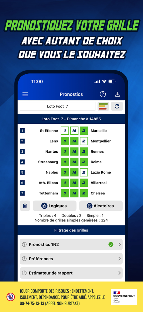PronoFoot 1N2 - Interface de l'application PronoFoot 1N2 montrant les prédictions de paris sur le football et les filtres analytiques pour les grilles Loto Foot