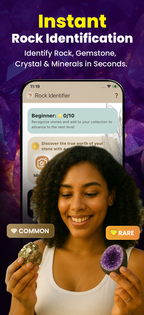 Rock Identifier: Stone Checker - A woman holding an amethyst geode and a pyrite stone while using the Rock Identifier app to classify them