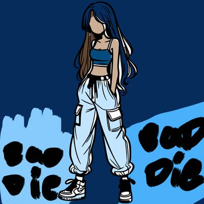 girl in baggy pants crop top and long hair