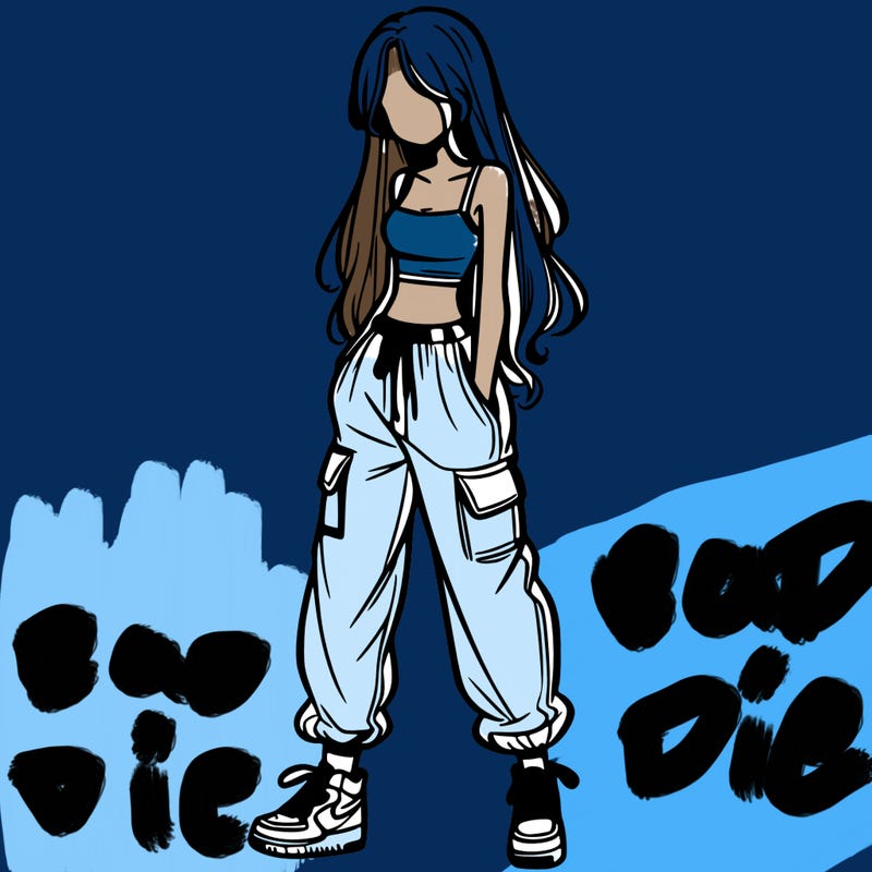 girl in baggy pants crop top and long hair