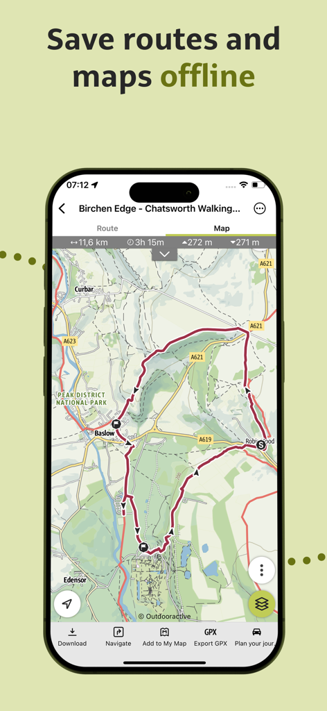 Outdooractive - Interface do aplicativo Outdooractive exibindo uma rota de caminhada no Peak District National Park com um recurso para salvar mapas e rotas offline.