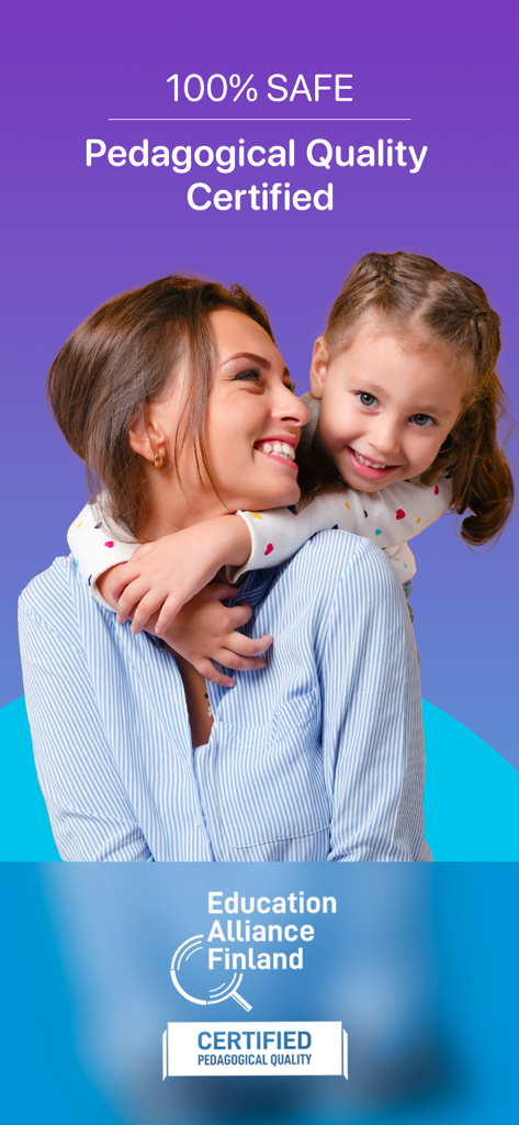 Kidly: Bedtime Books for Kids - A smiling mother and daughter with the Education Alliance Finland pedagogical quality certification logo.