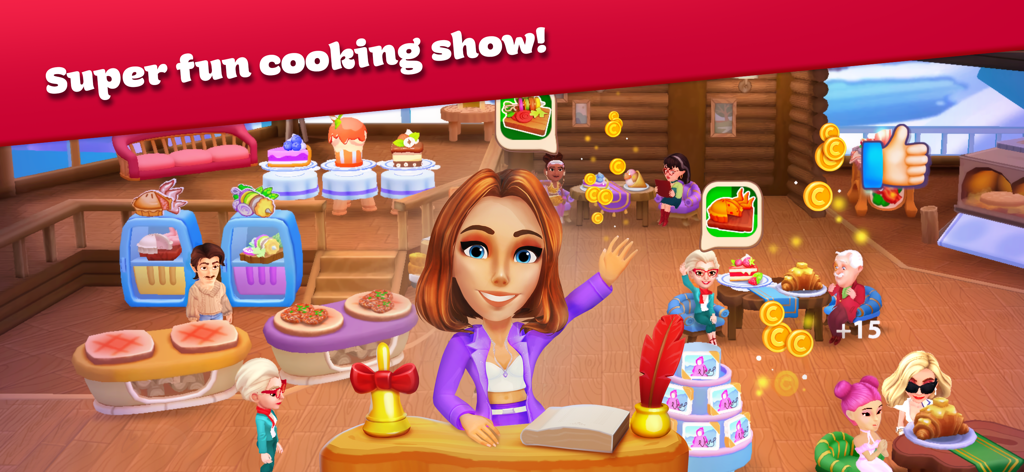 Cooking Stories: Fun cafe game - A female character hosting a cooking show in a busy cafe filled with customers and food