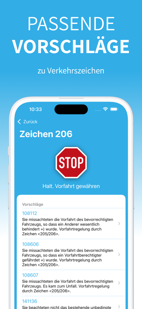 Tatbestandskatalog - App screen showing German traffic sign suggestions for a stop sign.