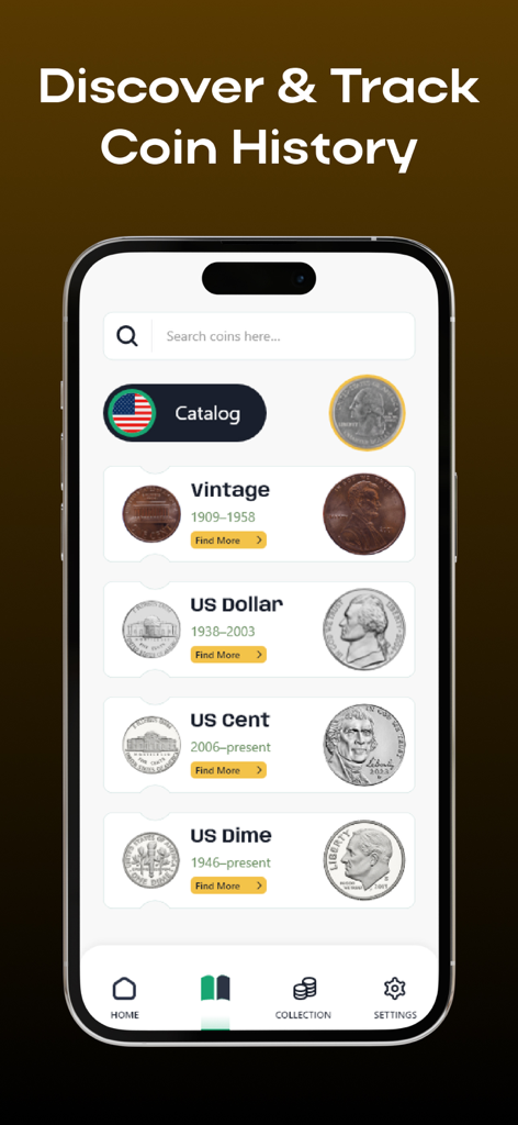 AI Coin Scanner & Identifier - A smartphone screen showing a US coin catalog with categories for vintage coins dollars cents and dimes