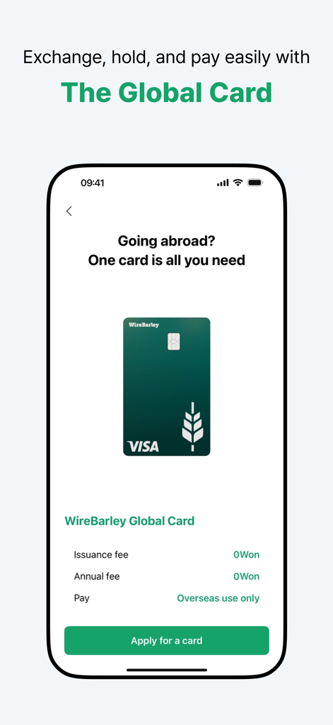 WireBarley - WireBarley app screen showcasing the Global Card for international payments and overseas travel